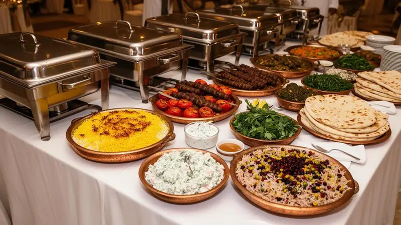 Persian catering buffet spread with chafing dishes, saffron rice, kebabs and breads