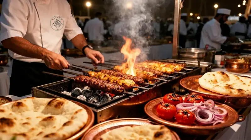 Alvand chef grilling Persian kebabs at a live cooking catering setup