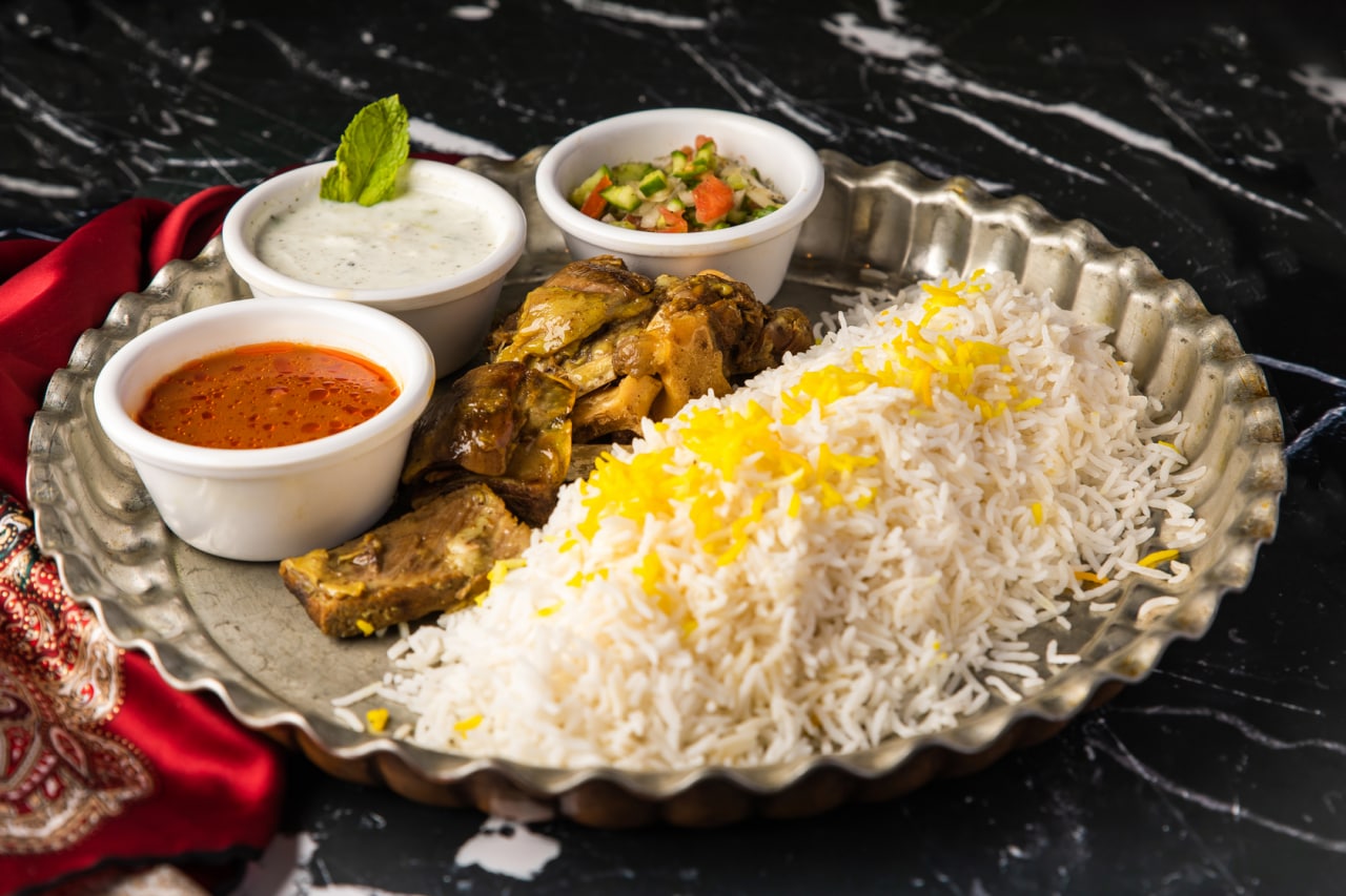 Chicken kebab with saffron rice